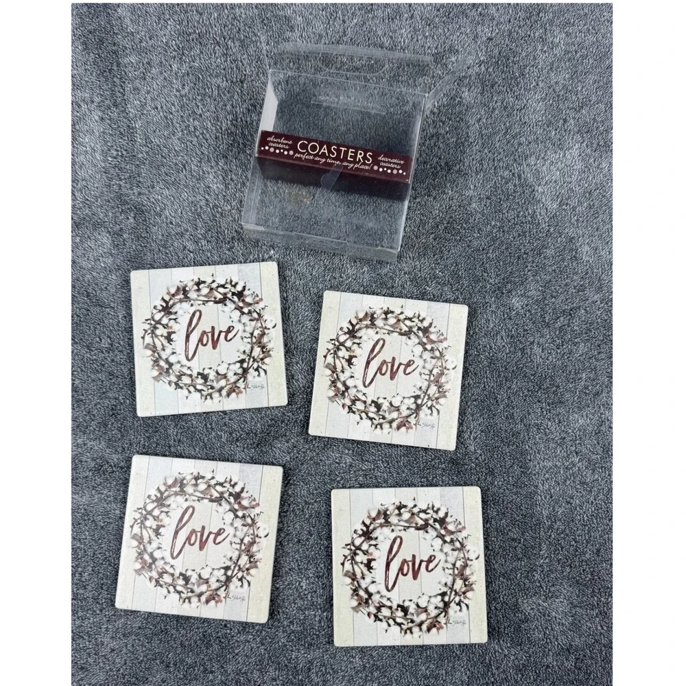 Rustic‎ Farmhouse Love Coaster Set 4 Absorbent Cork Back Wedding Gift Decor